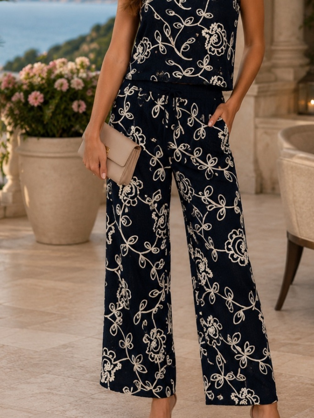 New Solitaire Navy and White Floral Wide-Leg Jumpsuit M - Picture 11 of 11